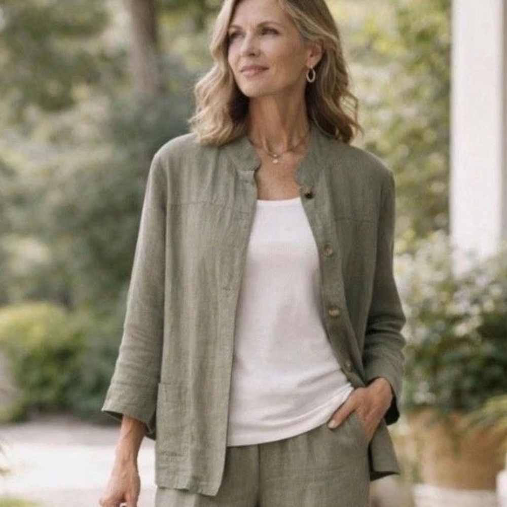 Cherokee Womens 100% Linen Button Jacket Size XL Green Lagenlook Utility Coat